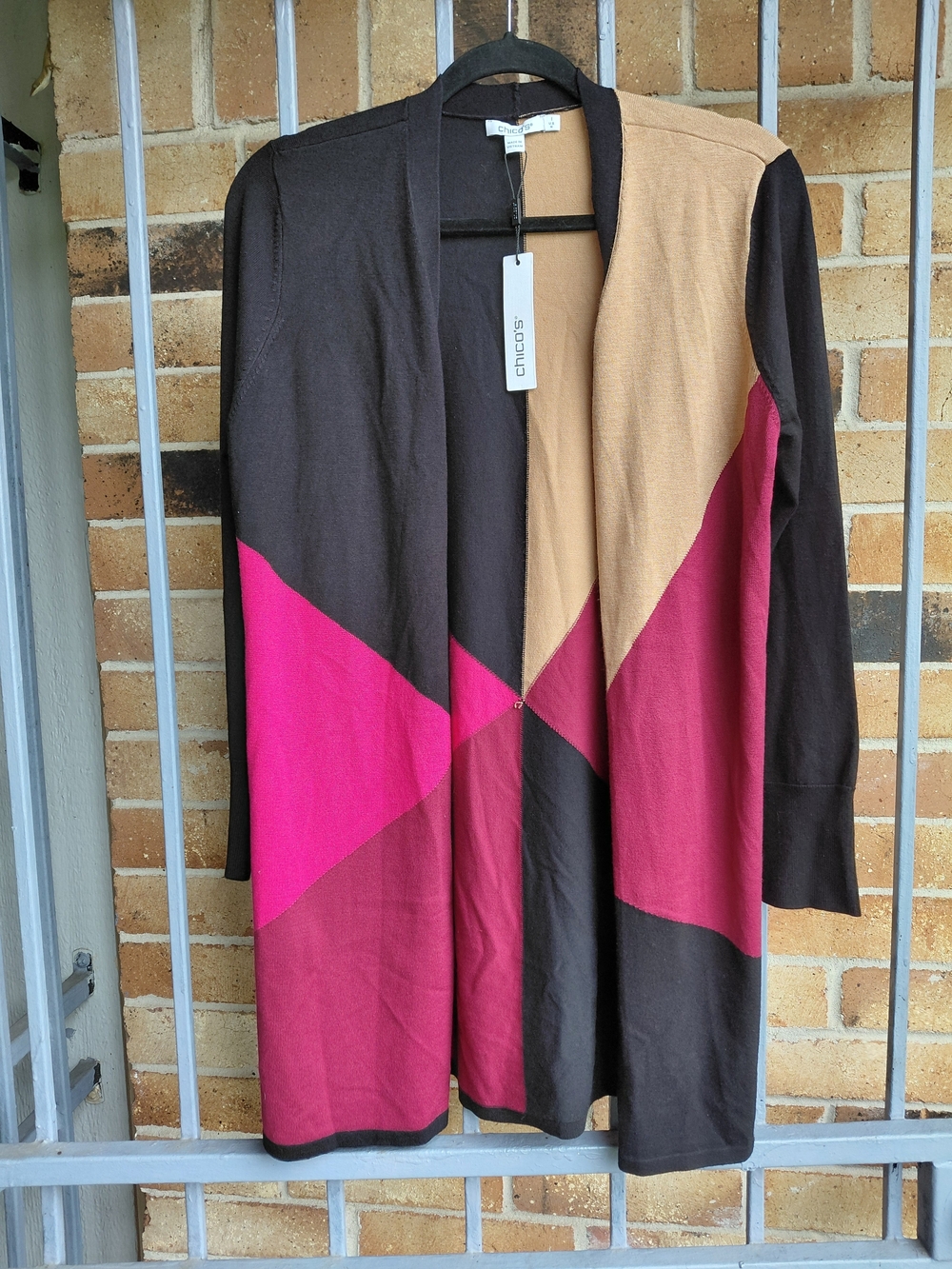 Chico's Colorblock Open-Front Long Cardigan - Pink, Black, Tan